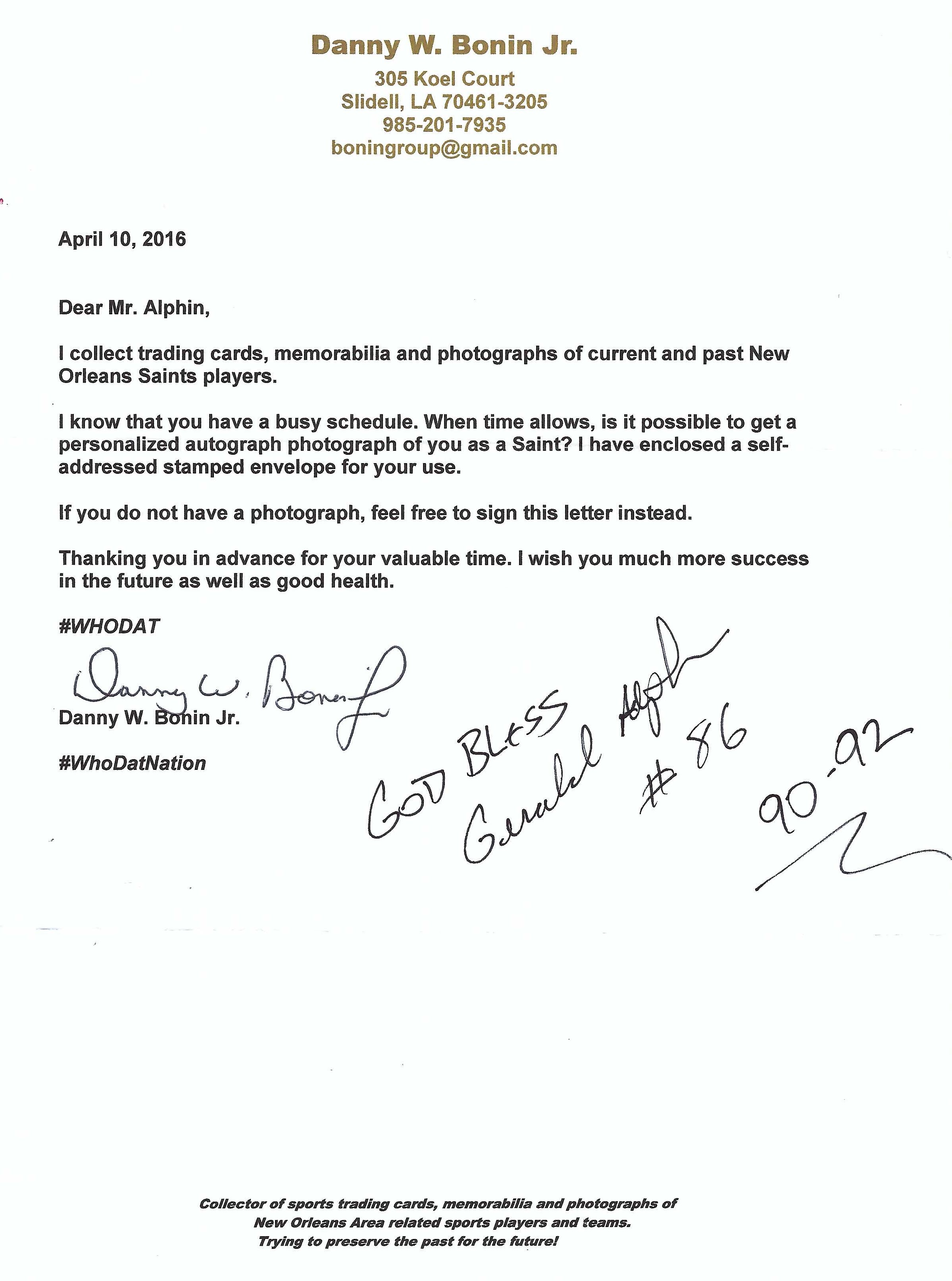 Autograph #84 & 85 – Gerald Alphin – New Orleans Saints –&nbsp;NFL