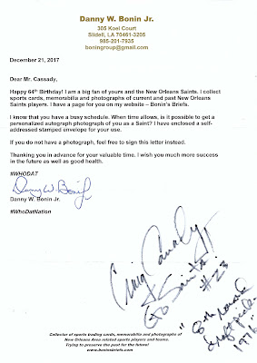 Craig Cassady,Autographs through the mail,New Orleans Saints,NFL,Ohio State Buckeyes,