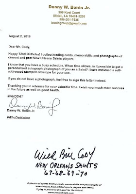 Autographs through the mail,New Orleans Saints,NFL,Bill Cody,Auburn Tigers,Detroit Lions,Philadelphia Eagles,