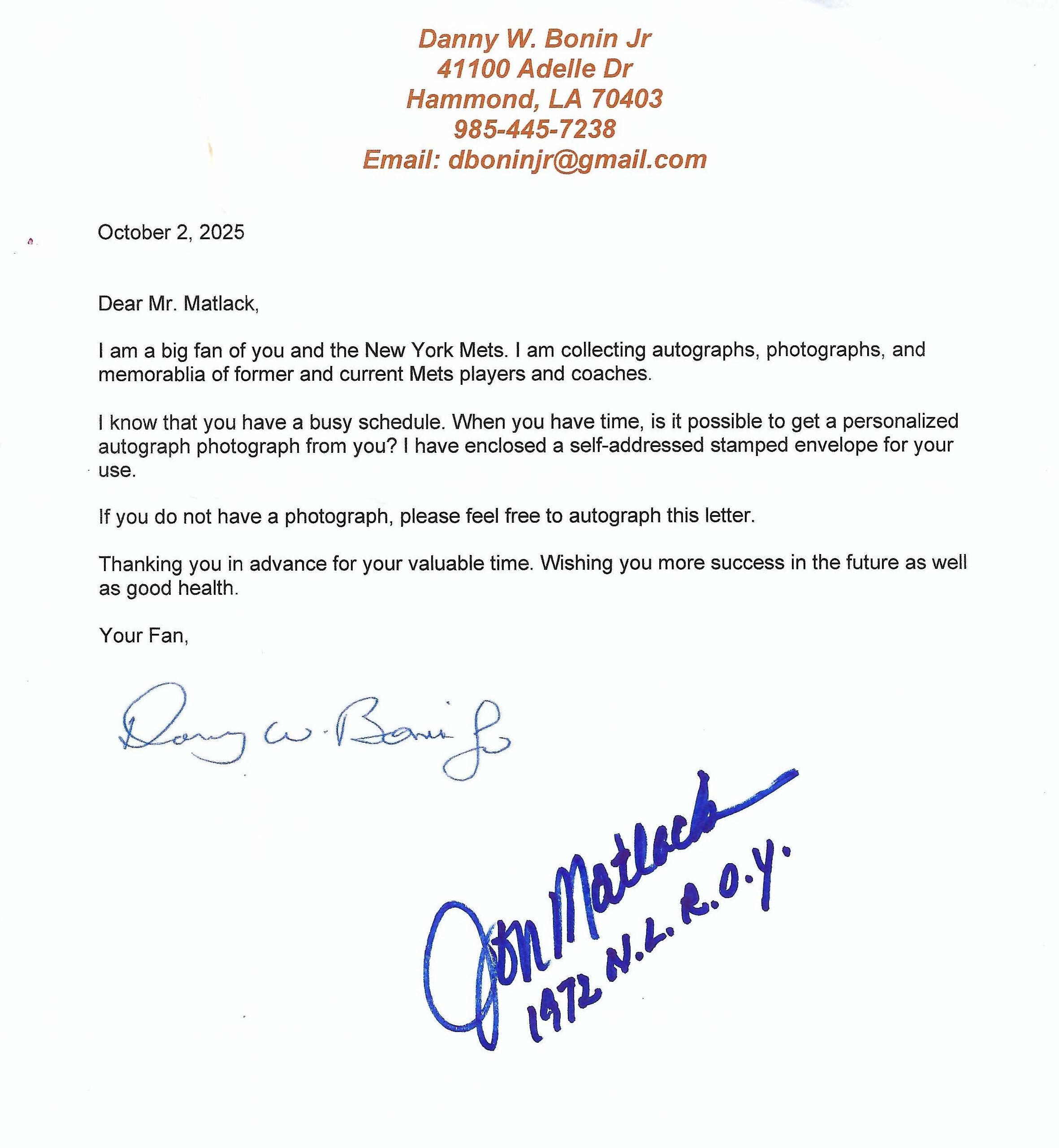 Autograph #156 – Jon Matlack – New York Mets –&nbsp;MLB