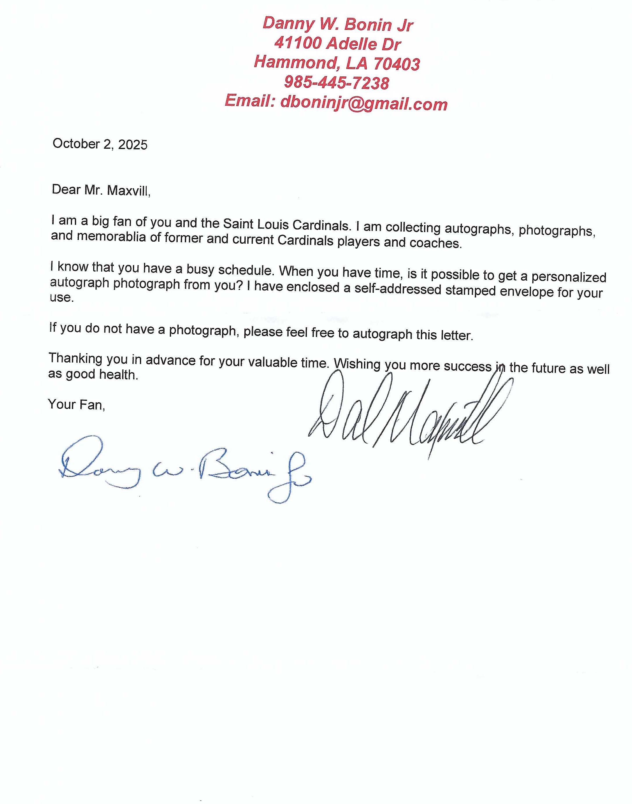 Autograph #152 – Dal Maxvill – St. Louis Cardinals –&nbsp;MLB