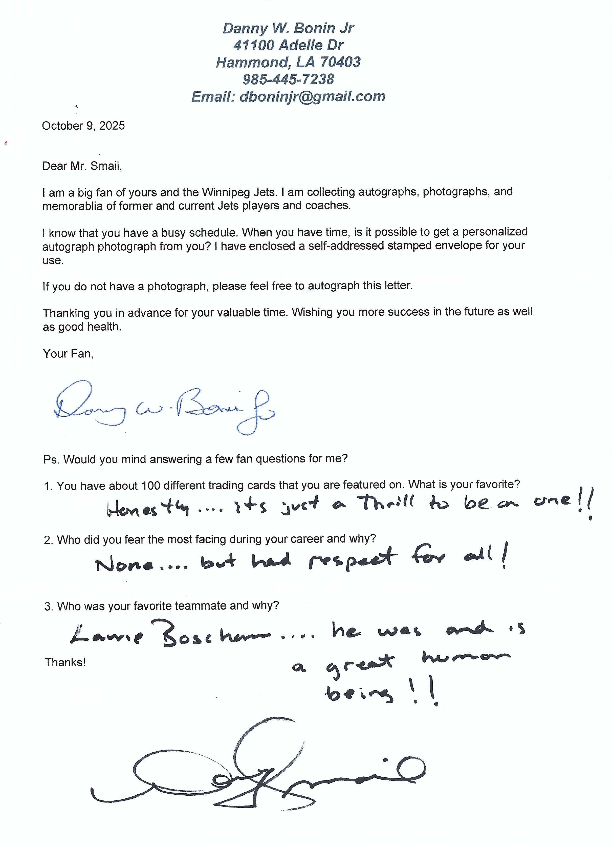 Autograph #180 – Doug Smail – Winnipeg Jets –&nbsp;NHL