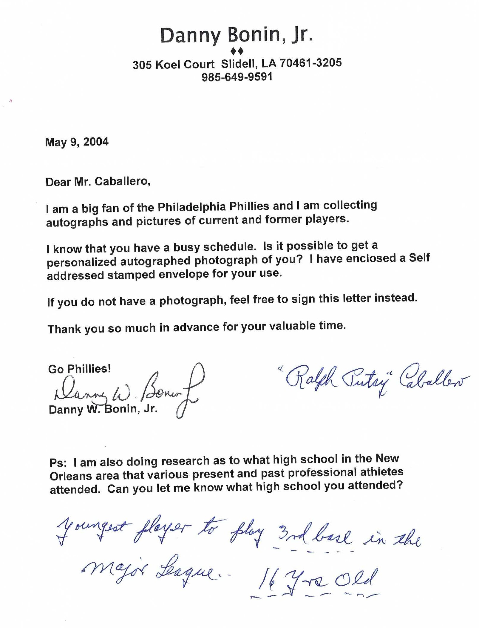 Autograph #313 – Ralph “Putsy” Caballero – Philadelphia Phillies – MLB&nbsp;#1