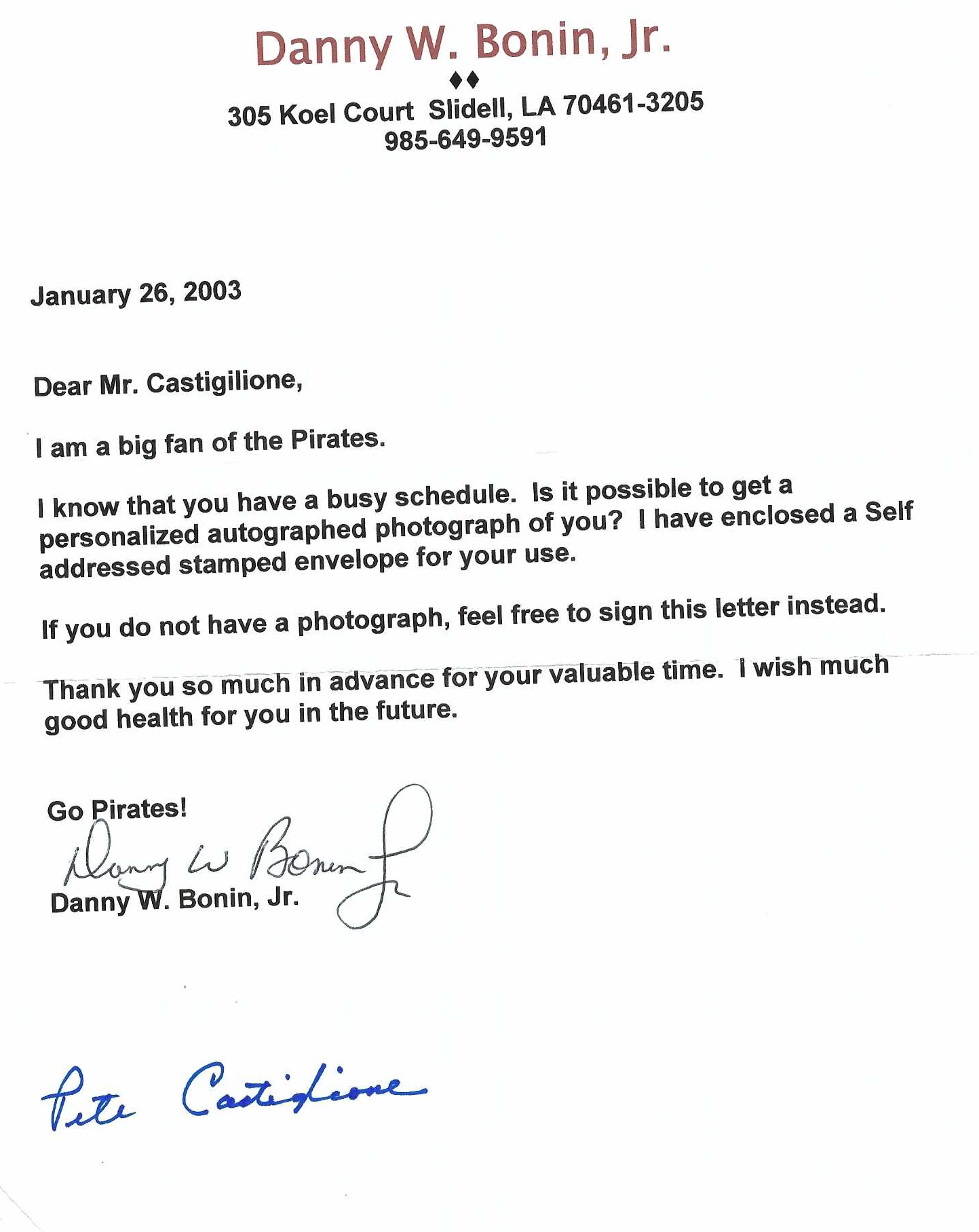 Autograph #310 – Pete Castigilione – Pittsburgh Pirates –&nbsp;MLB