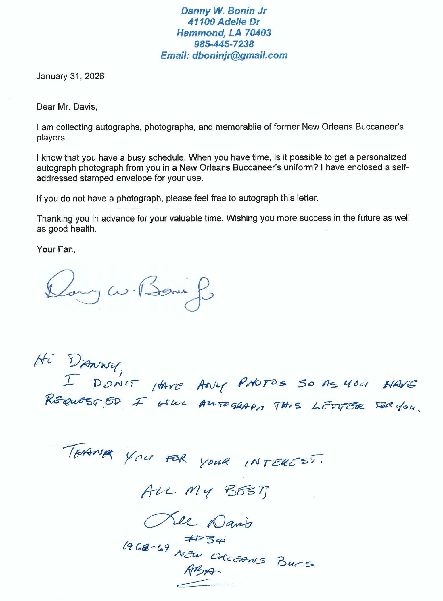 Autograph #344 – Lee Davis – New Orleans Buccaneers –&nbsp;ABA