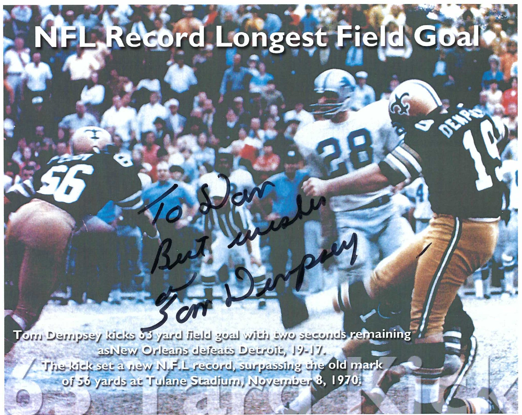 Autograph #350 – Tom Dempsey – New Orleans Saints –&nbsp;NFL