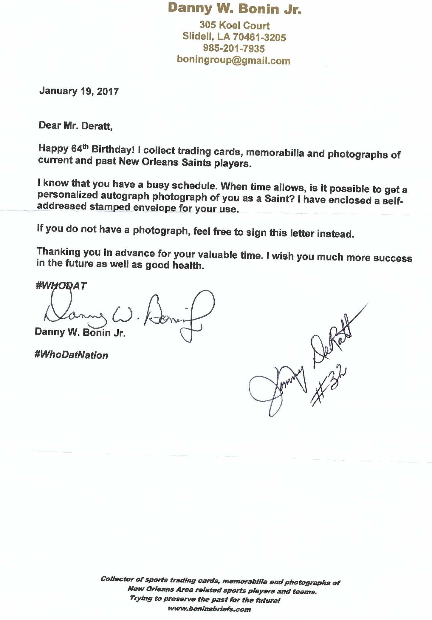 Autograph #353 – Jimmy DeRatt – New Orleans Saints –&nbsp;NFL