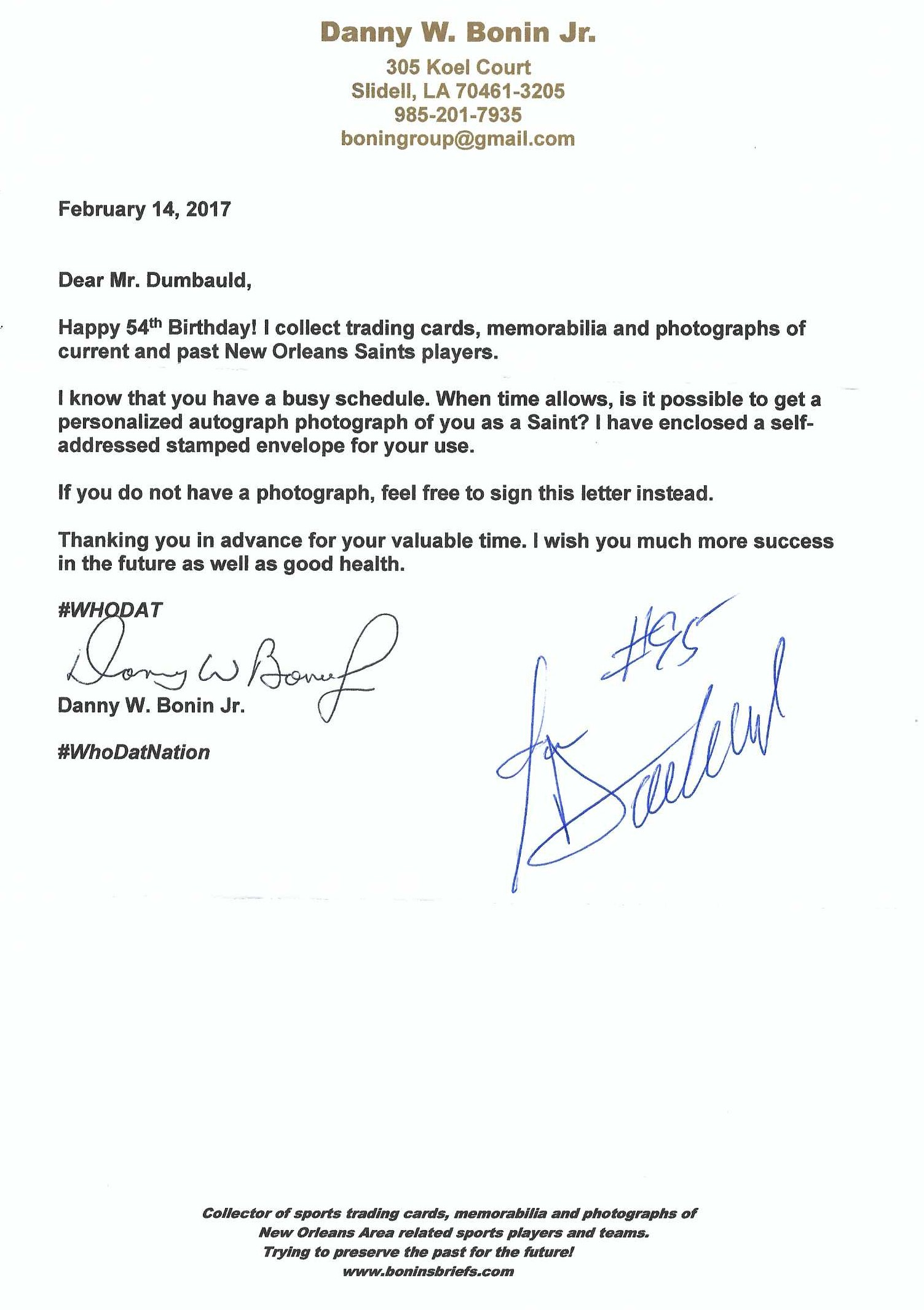 Autograph #365 – Jon Dumbauld – New Orleans Saints –&nbsp;NFL