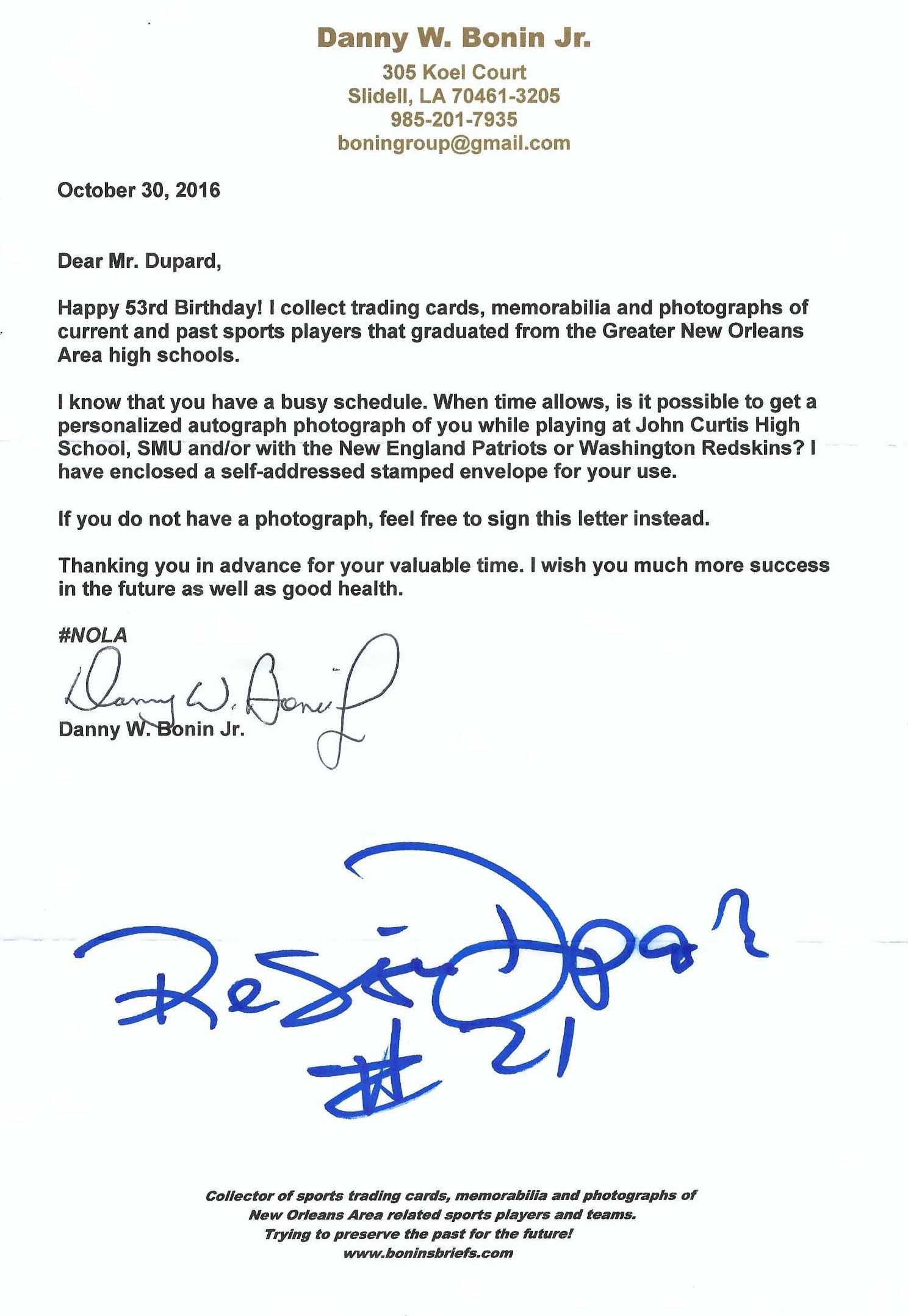Autograph #366 – Reggie Dupard – New England Patriots –&nbsp;NFL