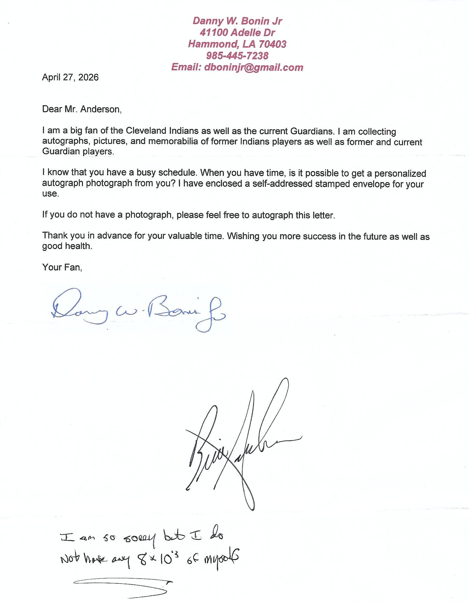 Autograph #358 – Brian Anderson – Cleveland Indians – MLB –&nbsp;10-9-2026